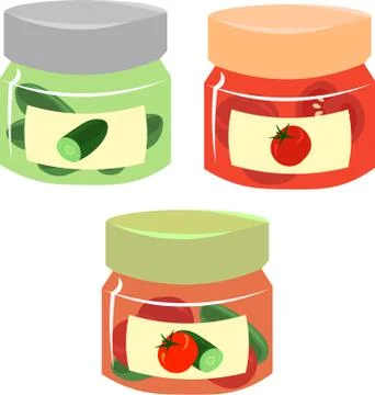 Set of vegetable pickles. Oiled cucumbers, tomatoes in glass jars. Canning. Stock Illustration