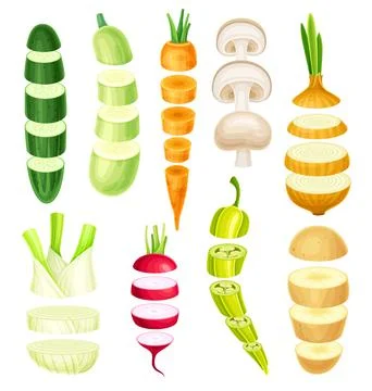 Set of vegetable slices lying in vertical rows. Healthy organic cutting potato Stock Illustration