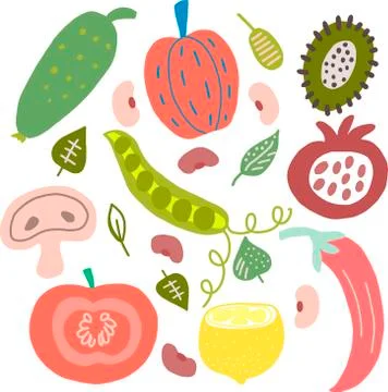 Set of vegetables and fruits in vector graphics, in cartoon style. For the Stock Illustration