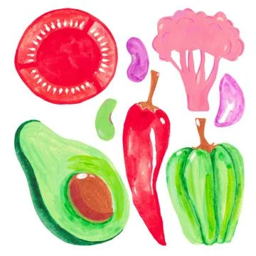 Set of vegetables avocado pepper tomato beans cauliflower on a white backgrou Stock Illustration