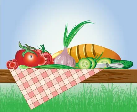 Set of vegetables with bread and tablecloth on nature background Stock Illustration