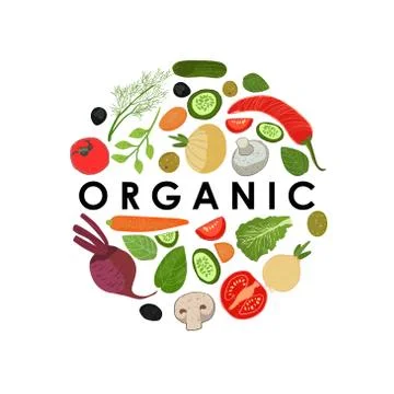 Set of vegetables in a circle with the text organic in the middle. Stockillustratie
