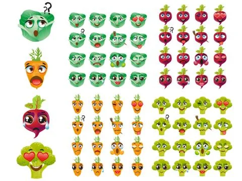 Set of vegetables. Emoji Emoticon Expression. Broccoli, cabbage, carrot, beet Ilustração Stock
