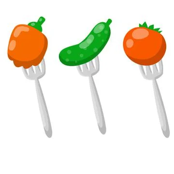 Set of vegetables on a fork. Orange tomato, pepper, green cucumber. イラスト素材