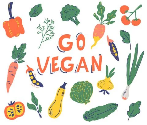 Set of vegetables. Go vegan. Various vegetables and slogan for healthy food,  Stock Illustration