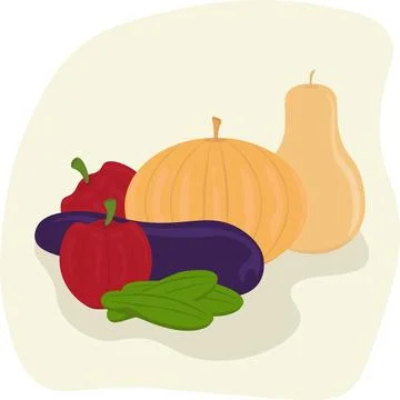 A set of vegetables: pumpkins, eggplants, peppers, and cucumbers. The concept Stock Illustration