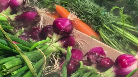 Set of vegetables, red onion and carrot in a food eco market with a steam Stock Footage 324102497
