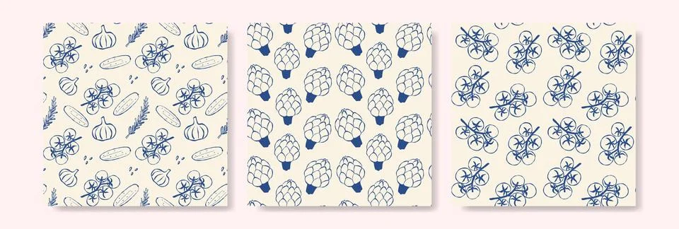 Set of vegetables sketches pattern. Tomato, cucumber, artichoke, garlic, ro.. Illustrazione stock