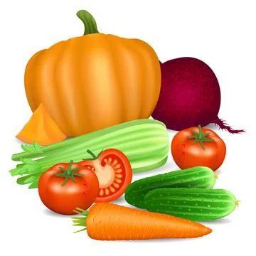 Set of vegetables. Tomato, carrot, pumpkin, cucumber, celery and beets. Stock Illustration