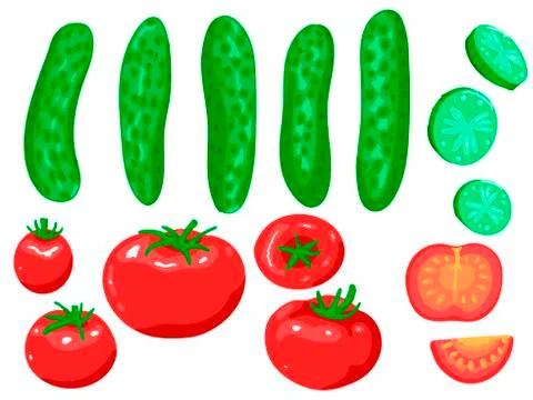 Set of vegetables - tomatoes and cucumbers. Vector isolated objects on white Stock Illustration