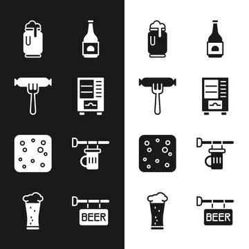 Set Vending machine, Sausage on the fork, Beer can with foam, bottle, bubbles Stock Illustration