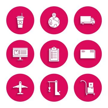 Set Verification of delivery list clipboard, Harbor port crane, Hand truck and Illustrazione stock