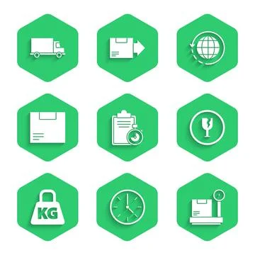 Set Verification of delivery list clipboard, Clock, Scale with cardboard box 스톡 일러스트