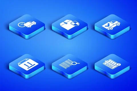 Set Verification of delivery list, Delivery truck and clock, Search barcode Illustrazione stock