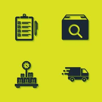 Set Verification of delivery list, Delivery truck in movement, Scale with car Stock Illustration