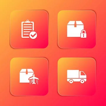 Set Verification of delivery list, Locked package, Plane and cardboard box and Illustrazione stock