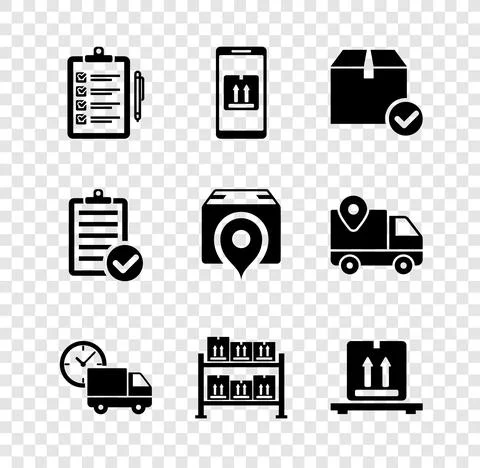 Set Verification of delivery list, Mobile with app tracking, Package box check Stock Illustration