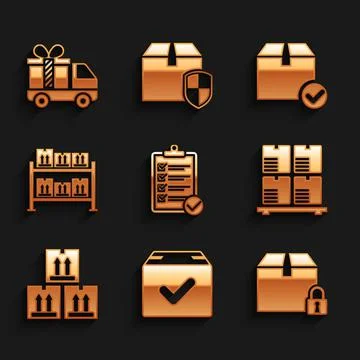 Set Verification of delivery list, Package box with check mark, Locked package Ilustración de archivo