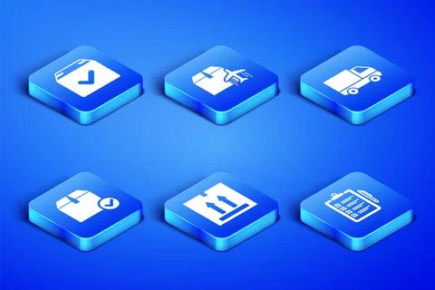 Set Verification of delivery list, Package box with check mark, Cardboard Illustrazione stock