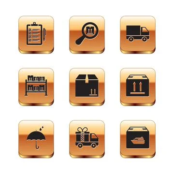 Set Verification of delivery list, Umbrella and rain drops, Delivery truck with 스톡 일러스트
