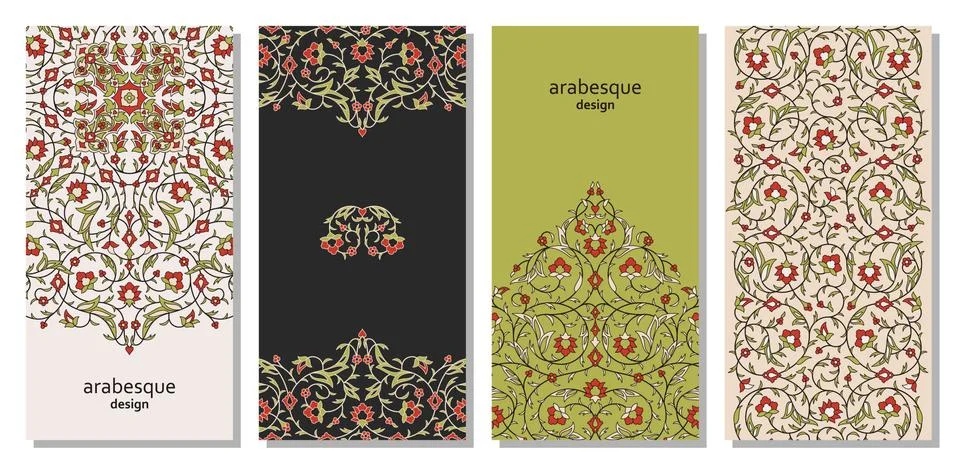 Set of vertical arabesque floral banners. Branches with flowers, leaves and Stock Illustration