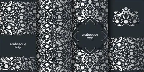 Set of vertical arabesque floral banners. Branches with flowers, leaves and Stockillustratie