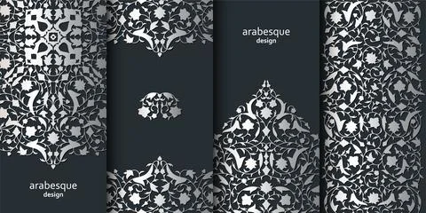 Set of vertical arabesque floral banners. Branches with flowers, leaves and Stockillustratie