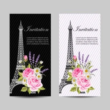 Set of vertical banners with Eiffel Tower and flowers. Stock Illustration