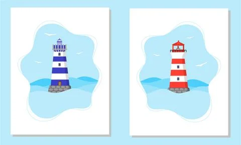 Set of vertical banners with lighthouses. Stock Illustration