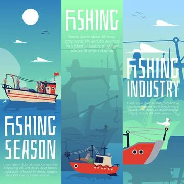 Set vertical banners or posters for fishing industry flat vector illustration. Stock Illustration