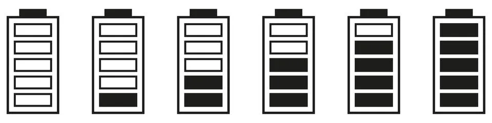 Set of vertical battery level indicators in percentage vector. Battery indica Stock Illustration