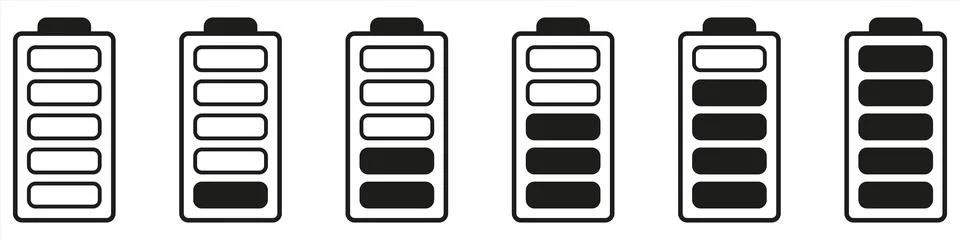 Set of vertical battery level indicators in percentage vector. Battery indica Stock Illustration
