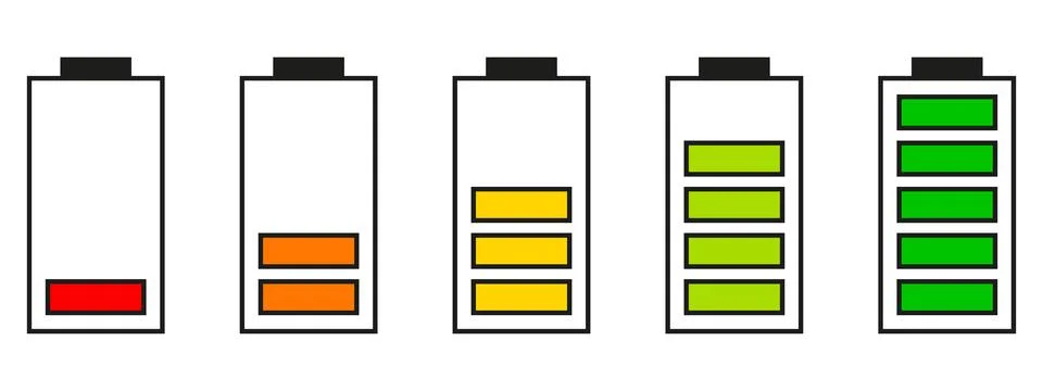 Set of vertical battery level indicators in percentage vector. Battery indica Stock Illustration