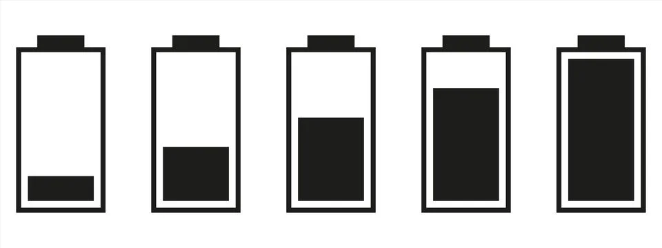 Set of vertical battery level indicators in percentage vector. Battery indica Stock Illustration