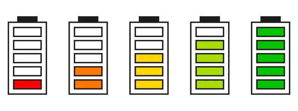 Set of vertical battery level indicators in percentage vector. Battery indica Stock Illustration