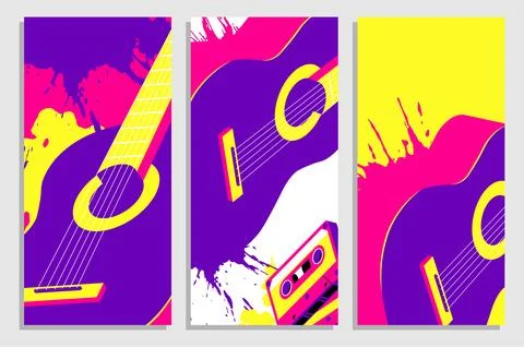 Set of vertical flyers with classical six string guitar droped with colored.. Illustrazione stock