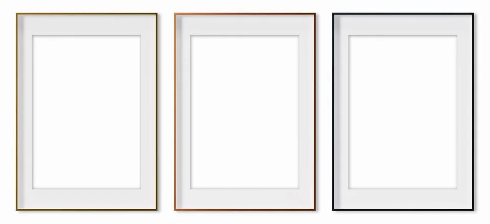 Set of vertical picture frames, isolated on white background. Golden, copper and Stock Illustration