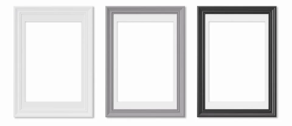 Set of vertical picture frames, isolated on white background. White, gray and Stock Illustration