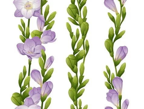 Set of vertical seamless border with purple freesia flowers and green buds. F Stock Illustration