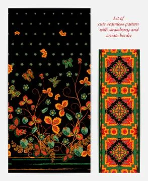 Set of  vertical seamless spring black floral pattern with orange green Illustrazione stock
