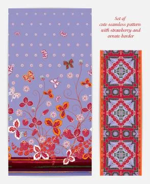 Set of  vertical seamless spring violet floral pattern with red strawberries 스톡 일러스트