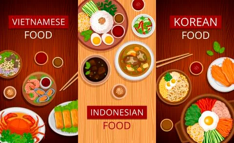 Set of vertical web banners. Vietnamese, Korean, Indonesian cuisine. Stock Illustration