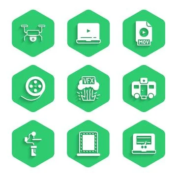 Set VFX, Makeup mirror with lights, Video recorder on laptop, Actor trailer.. Stock Illustration