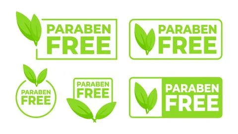 Set of vibrant green labels featuring Paraben Free with a leaf symbol, designed Stock Illustration