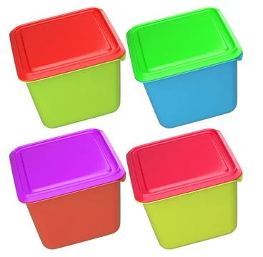 Set of vibrant square plastic food storage containers with colorful lids, iso Stock Photos