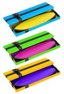 Set of vibrant surfboards in open gift boxes with ribbons and bows, isolate.. 스톡 일러스트