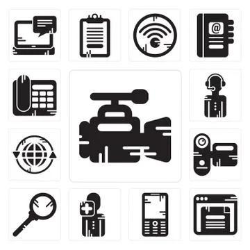 Set of Video camera, Browser, Mobile phone, User, Search, Camcorder, Earth gr Free Stock Illustration