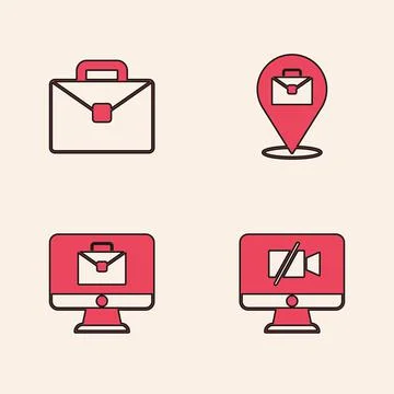 Set Video camera Off on computer, Briefcase, Online working and icon. Vector 스톡 일러스트