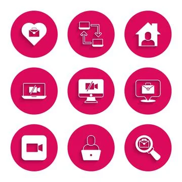 Set Video camera Off on computer, Freelancer, Magnifying glass with briefcase Stock Illustration