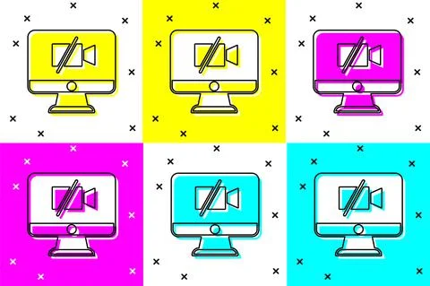 Set Video camera Off on computer icon isolated on color background. No video Stock Illustration